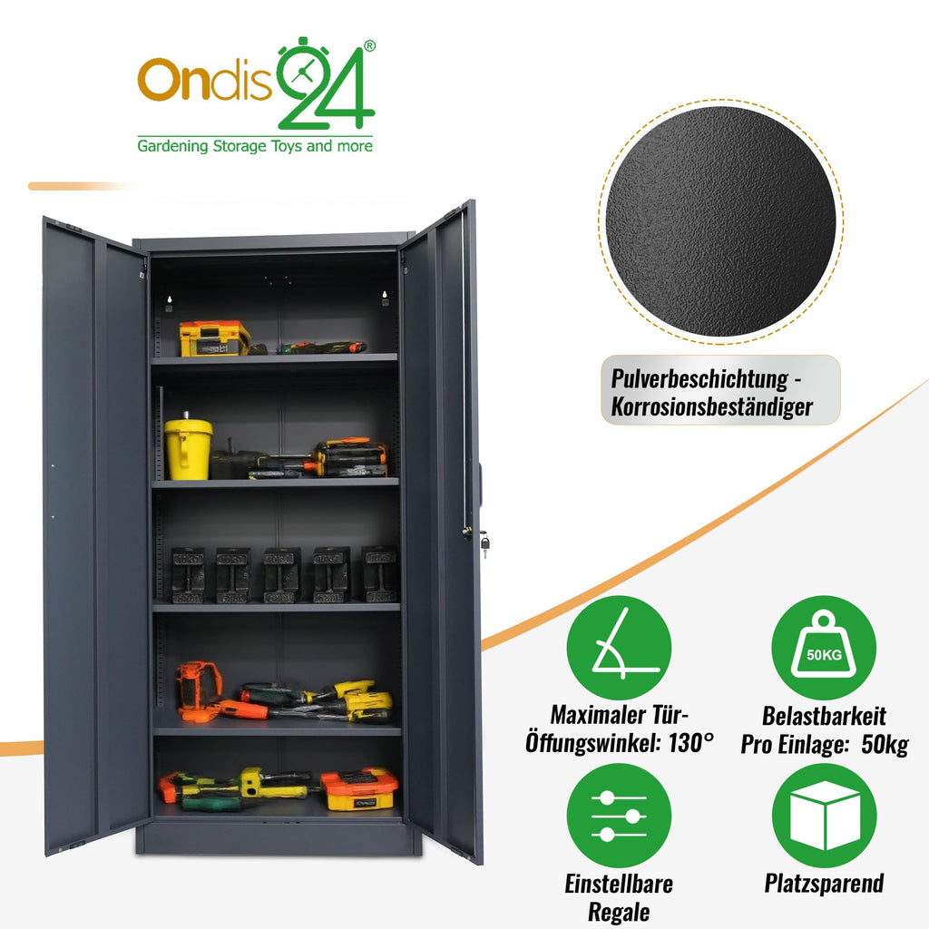 Ondis24 Aktenschrank, Mehrzweckschrank, Schloss, verstellbare Ablagen, Stabil, belastbar, Doppeltüren mit Türmagnet und Griffen Robust, werkzeugschrank, Büro, Werkstatt, Garage (Anthrazit, 170)