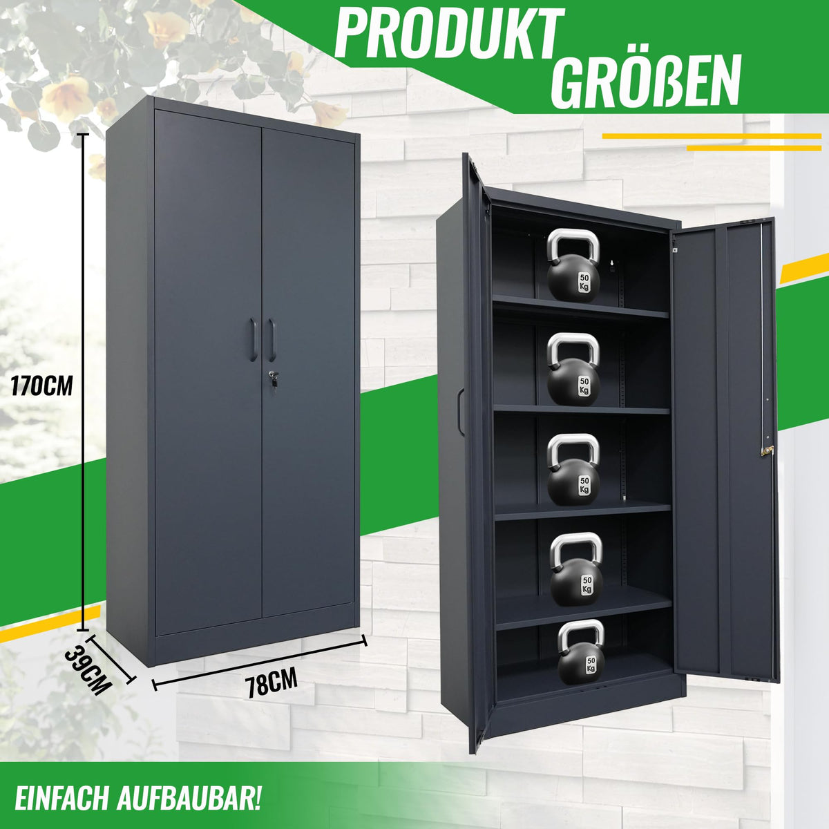 Ondis24 Aktenschrank, Mehrzweckschrank, Schloss, verstellbare Ablagen, Stabil, belastbar, Doppeltüren mit Türmagnet und Griffen Robust, werkzeugschrank, Büro, Werkstatt, Garage (Anthrazit, 170)
