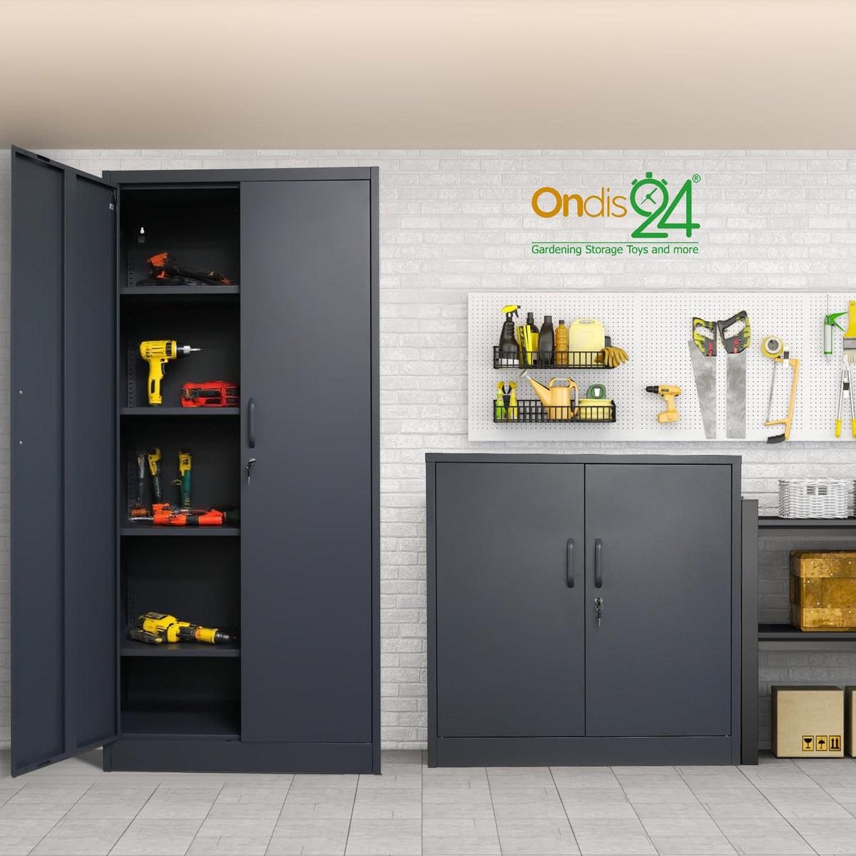 Ondis24 Aktenschrank, Mehrzweckschrank, Schloss, verstellbare Ablagen, Stabil, belastbar, Doppeltüren mit Türmagnet und Griffen Robust, werkzeugschrank, Büro, Werkstatt, Garage (Anthrazit, 170)