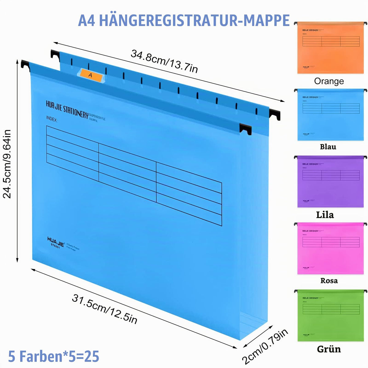 A4 Hängemappen, 25 Stück Polypropylen Hängemappen mit Reitern, Karteneinsätzen und löschbaren Stift, A4 Hängeregister Mappen Aufbewahrung Aktenordner für Schule Zuhause Arbeit Büro Organisation