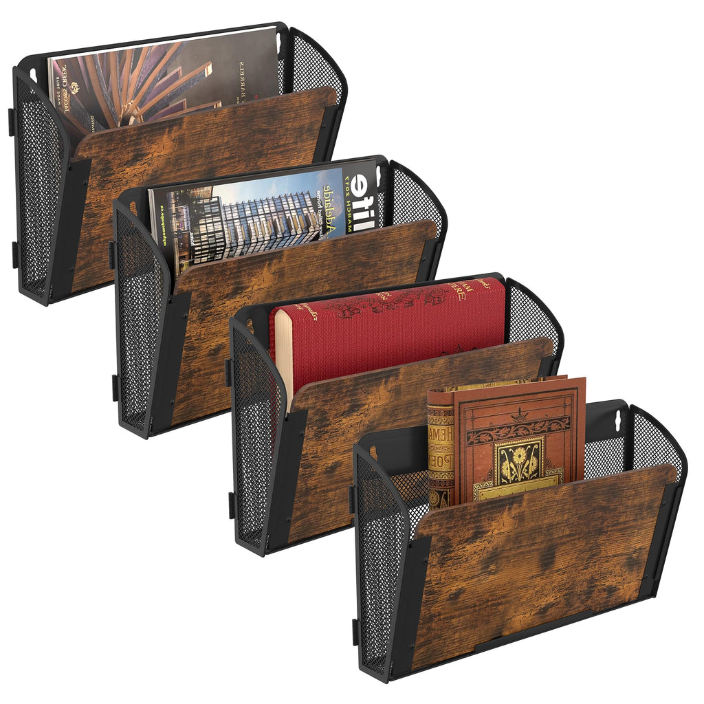TQVAI 4 Taschen Zeitschriftenhalter Wand Metall Holz Dokumenten Organizer Papier A4 Flyerhalter Postsortierer Dokumentenablage für Büro Zuhause Schule, Schwarz/Antik