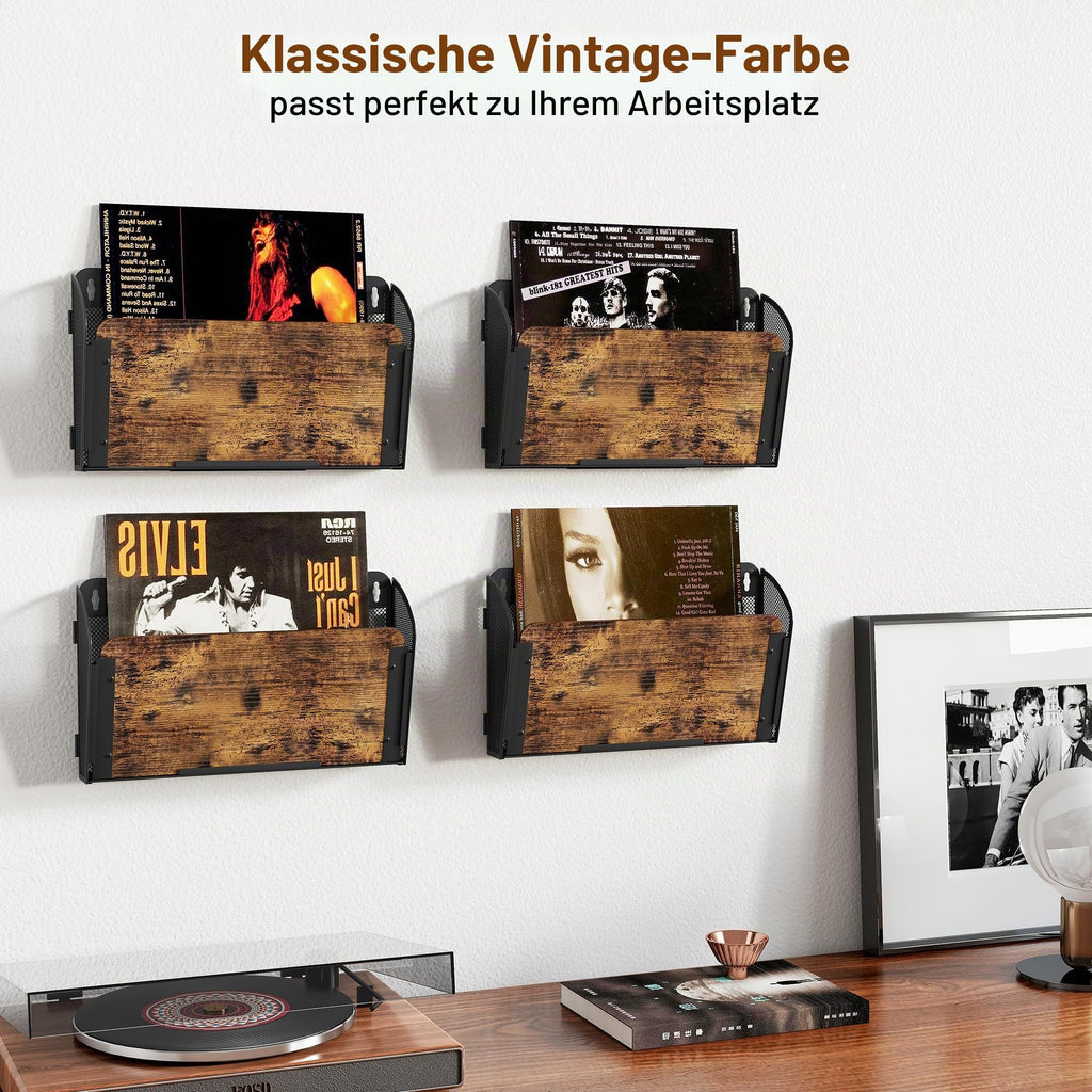 TQVAI 4 Taschen Zeitschriftenhalter Wand Metall Holz Dokumenten Organizer Papier A4 Flyerhalter Postsortierer Dokumentenablage für Büro Zuhause Schule, Schwarz/Antik