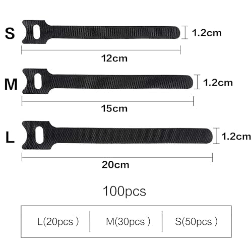 100 Stück Verstellbare Klettkabelbinder in 3 verschiedenen Längen 200mm/150m/120mm, Wiederverwendbare Klettband Kabelbinder Klett, Kabel Klettband Klett Kabelbinder Klettverschluss