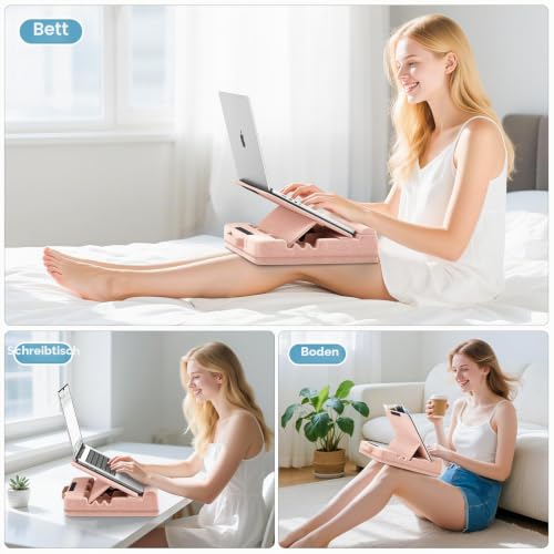 Laptop Kissen für Knietablett, Tablett Kissen Ständer, Laptoptisch Schoß fürs Bett/Sofa, Verstellbare Lap Desk Unterlage für bis zu 15″ PC/Mac, Tablet, iPad, Kindle, Rosa