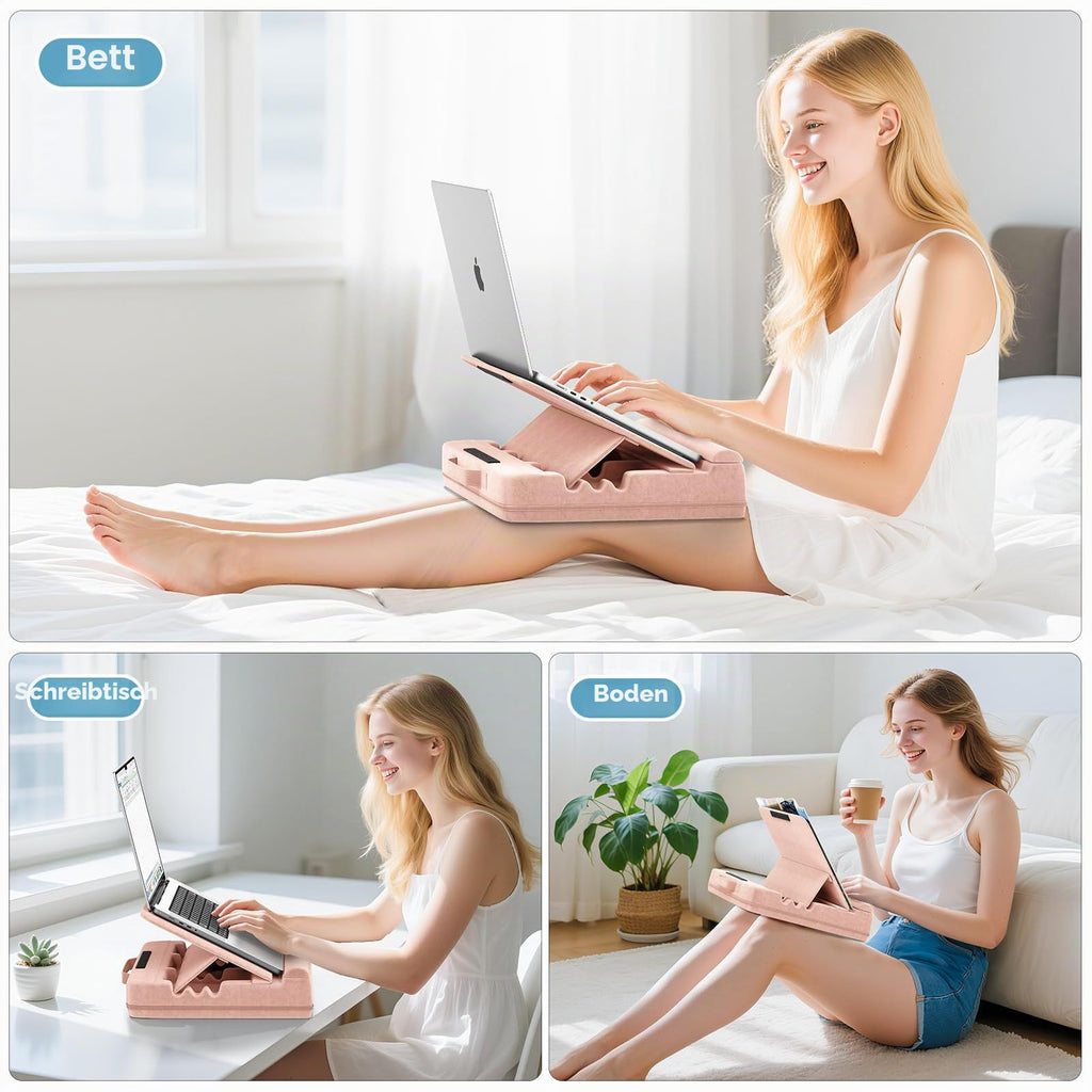 Laptop Kissen für Knietablett, Tablett Kissen Ständer, Laptoptisch Schoß fürs Bett/Sofa, Verstellbare Lap Desk Unterlage für bis zu 15″ PC/Mac, Tablet, iPad, Kindle, Rosa