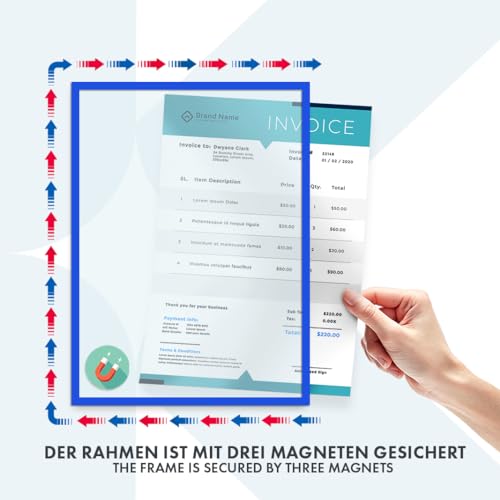 OfficeMarshal Dokumentenhalter - Magnetrahmen - 5 Stück - Magnet-Tasche - Info-Rahmen - Infotasche - Blatthalter mit Magnetverschluss für Informationsrahmen Angebotsschilder Aushänge (DIN A5, Blau)