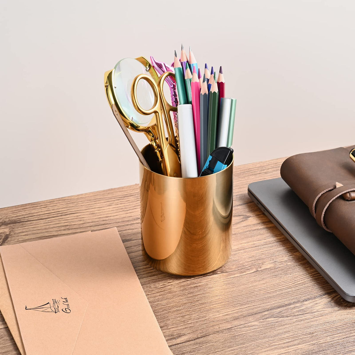 Goldener 304 Edelstahl-Stifthalter und Stiftebecher, Metall-Schreibtisch-Caddy & Schreibtisch-Organizer, Spiegel-Finish und Vakuumbeschichtung