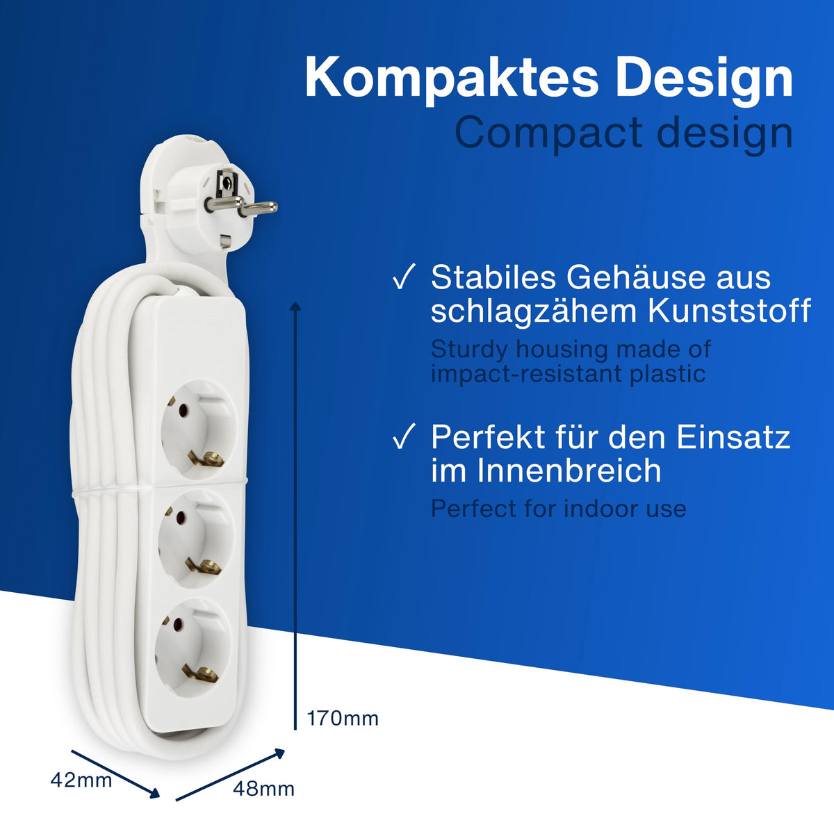 REV Steckdosenleiste - 3-Fach, mit Flachstecker, 2m Kabel, weiß