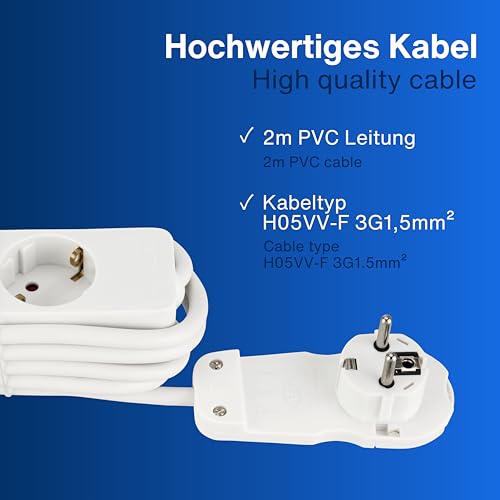 REV Steckdosenleiste - 3-Fach, mit Flachstecker, 2m Kabel, weiß