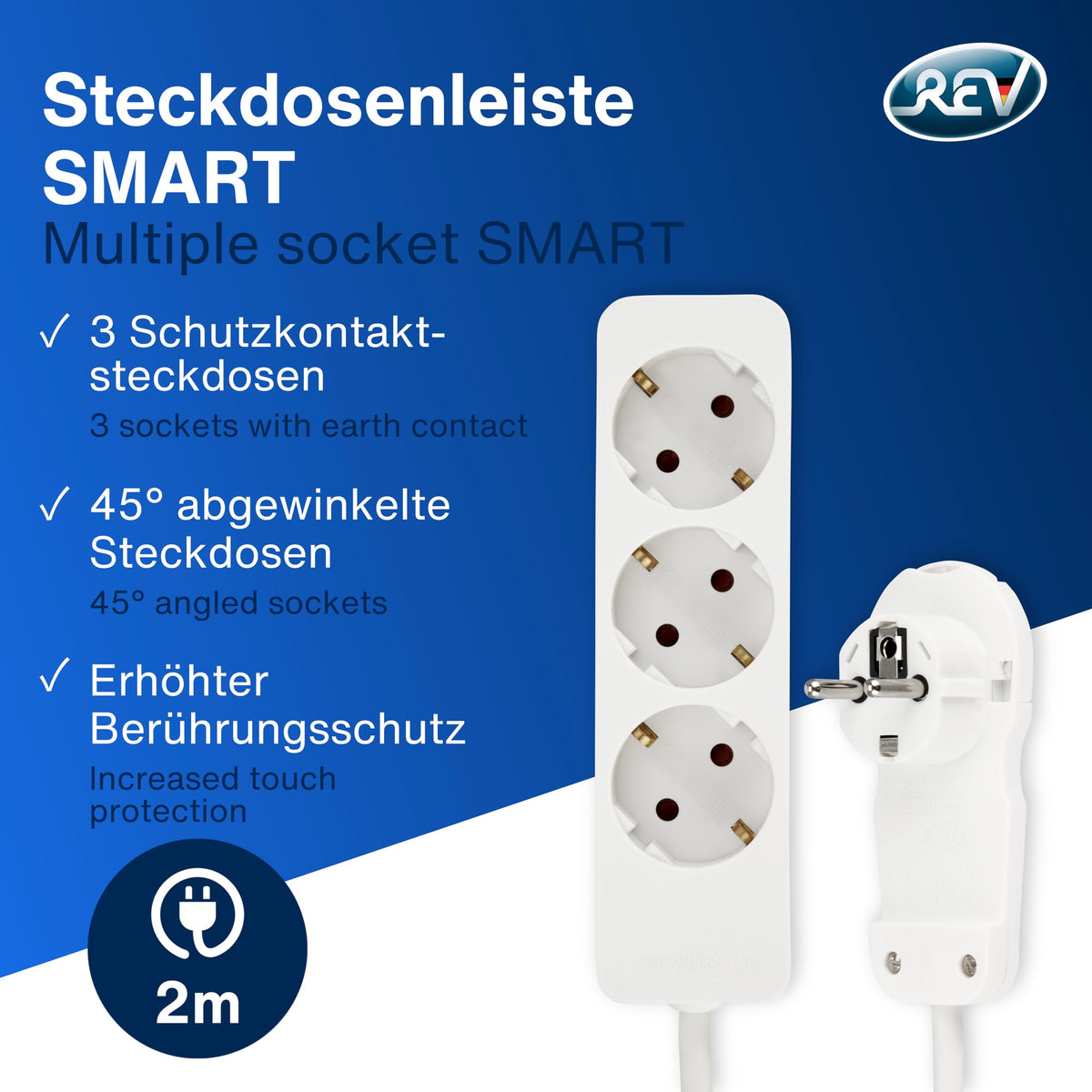 REV Steckdosenleiste - 3-Fach, mit Flachstecker, 2m Kabel, weiß