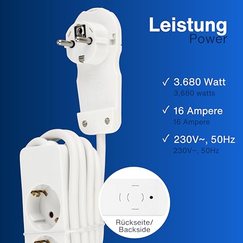 REV Steckdosenleiste - 3-Fach, mit Flachstecker, 2m Kabel, weiß