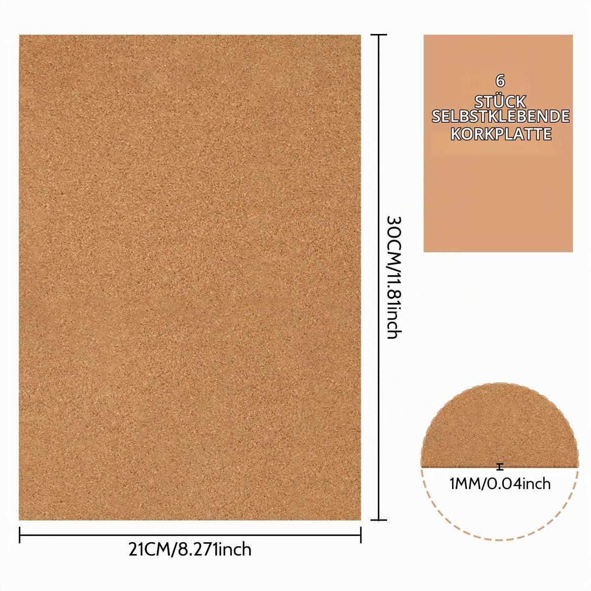Korkplatte Selbstklebend, 6 Stück 30x21cm Korkplatten für die Wand,1mm Dick
