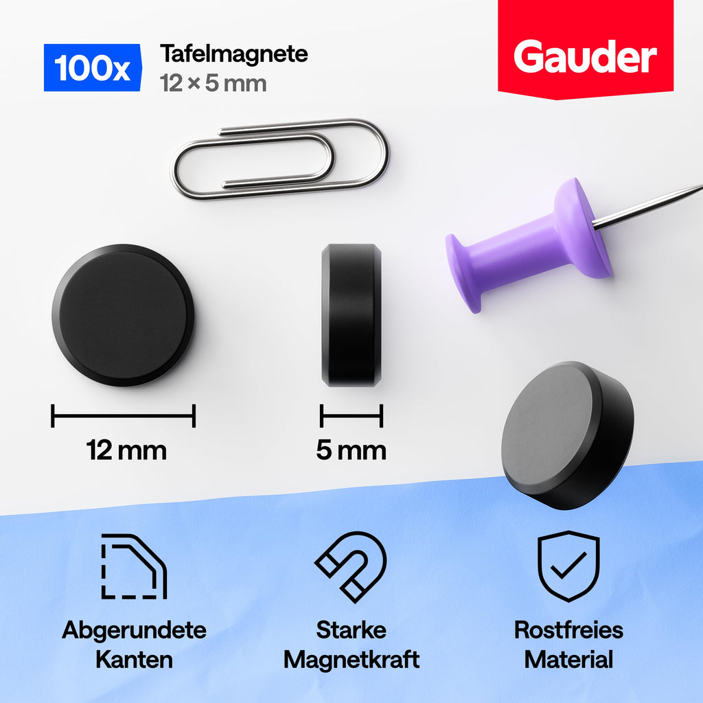 GAUDER Magnete für Magnettafel, Whiteboard & Kühlschrank (100 Stück 12x5mm)