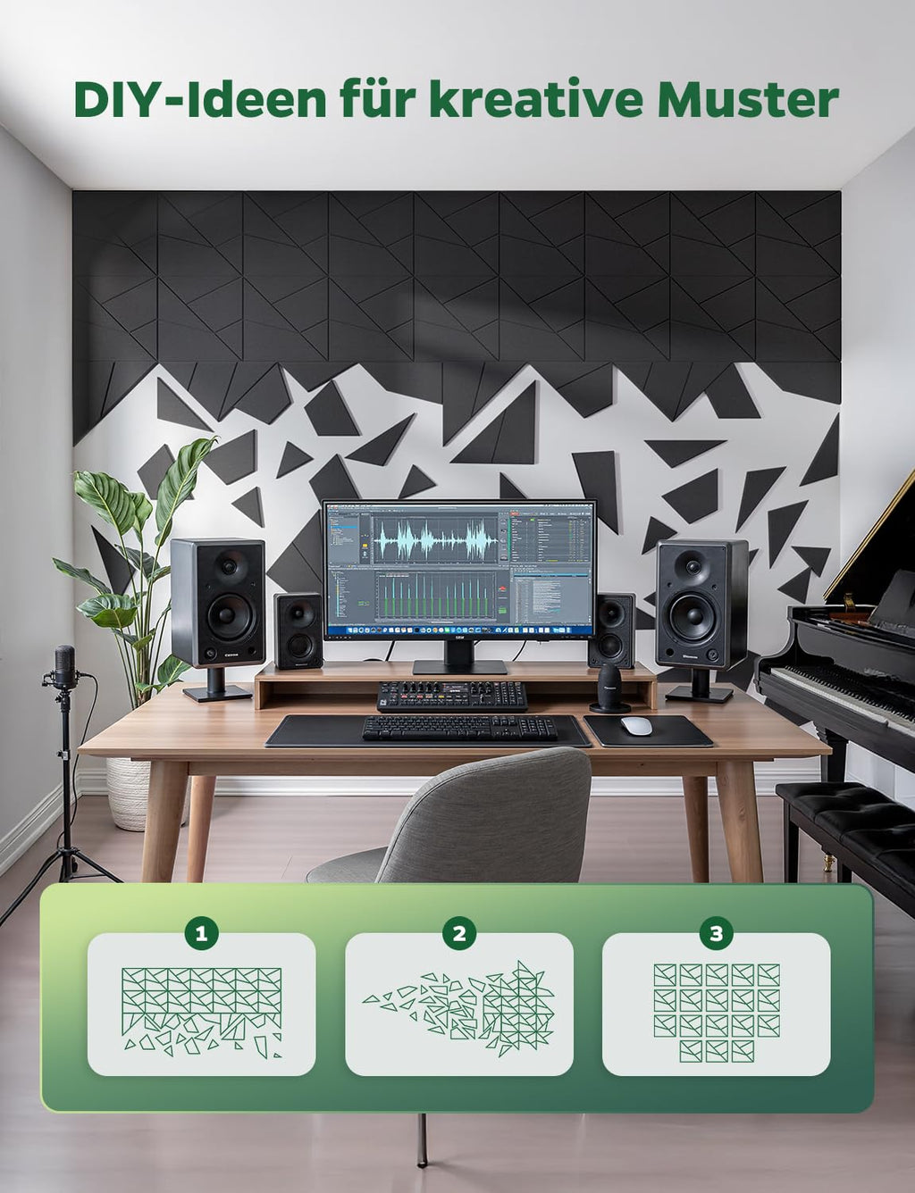 18 Stück Akustikplatten Selbstklebend, Akustik Schallabsorber Panels für Wand & Gaming Zimmer mit Liniendesign & Zuschneidbar | Acoustic Akustikplatte für Studio, Tür & Wall (Schwarz, 30x30x0,9cm)