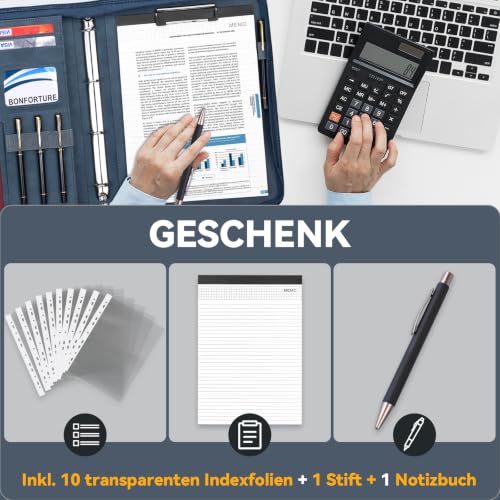Schreibmappe A4 mit 10 Klarsichthüllen, Notizblock & Stift Blau