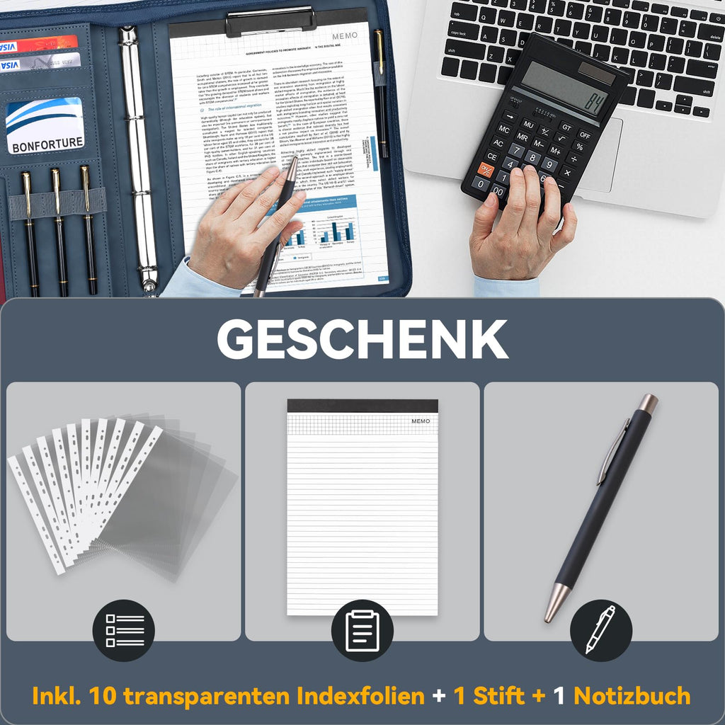 Schreibmappe A4 mit 10 Klarsichthüllen, Notizblock & Stift Blau