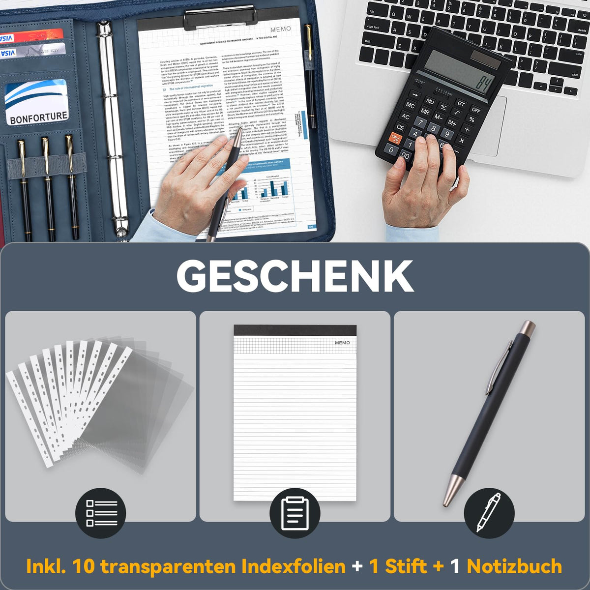 Schreibmappe A4 mit 10 Klarsichthüllen, Notizblock & Stift Blau