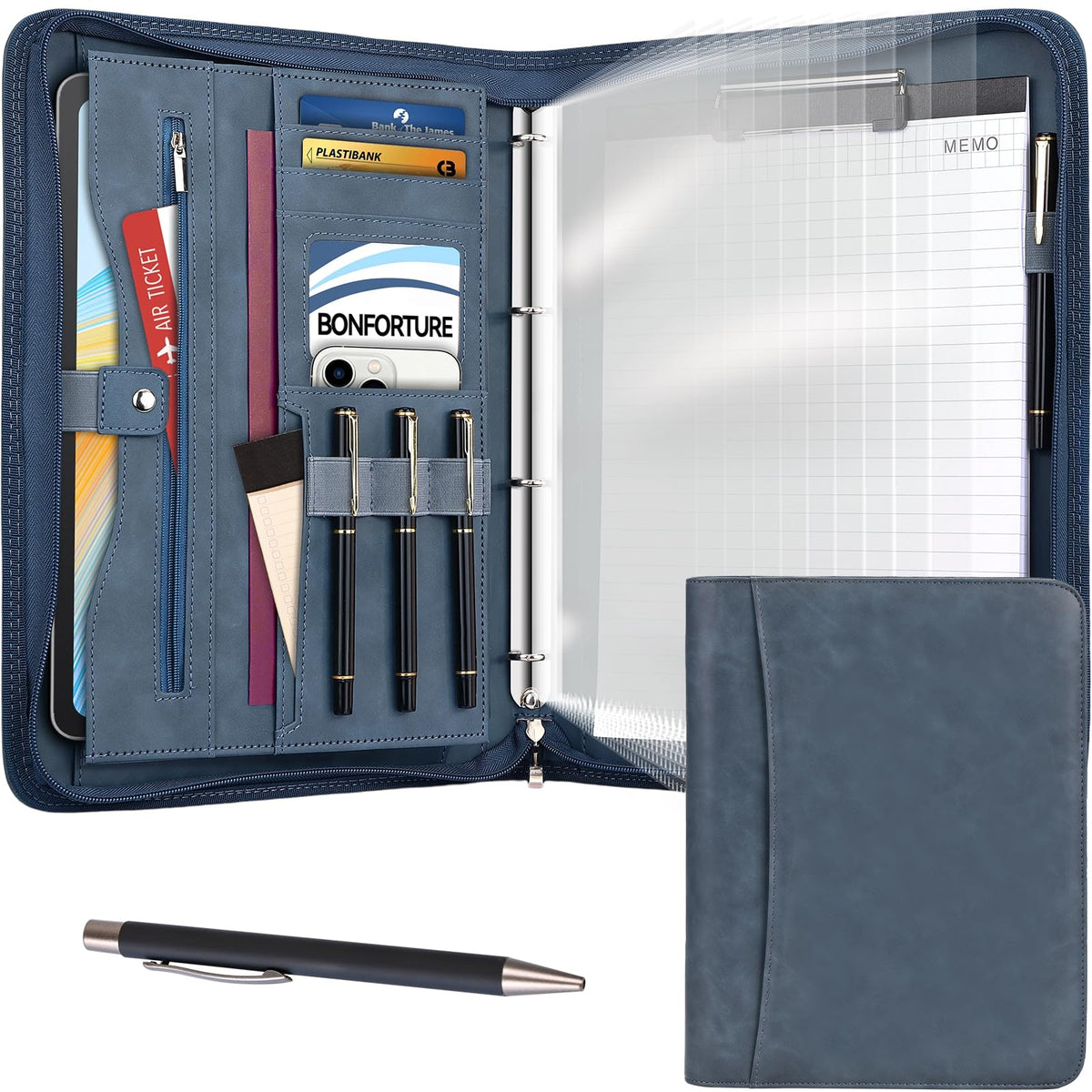 Schreibmappe A4 mit 10 Klarsichthüllen, Notizblock & Stift Blau
