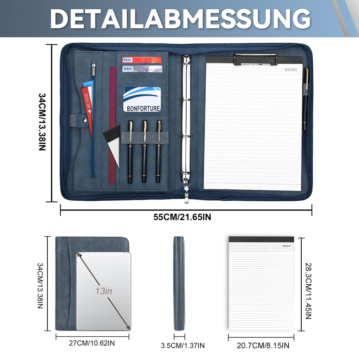 Schreibmappe A4 mit 10 Klarsichthüllen, Notizblock & Stift Blau