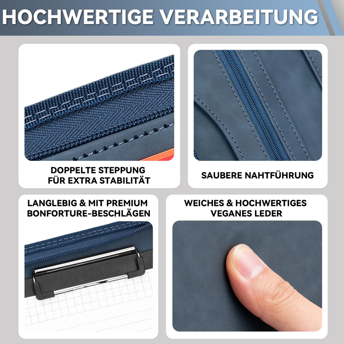 Schreibmappe A4 mit 10 Klarsichthüllen, Notizblock & Stift Blau