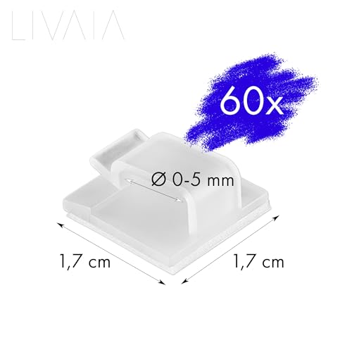 60 Stück Kabelhalter: selbstklebende Kabelclips für bestes Kabelmanagement – selbstklebender Kabelorganizer für Indoor & Outdoor – bis zu 5mm Durchmesser – Office Accessoires von LIVAIA