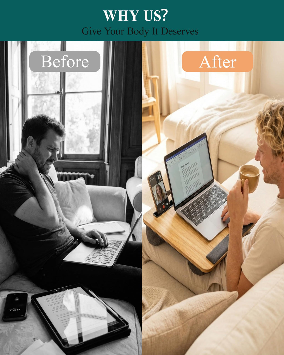 Laptopunterlage 40x34cm für Heim Bett Sofa mit Handgelenkauflage, Laptop Kissen für max 15.6” Notebook, mit mini-klappbarem Gerätehalterr (Hellbraun)