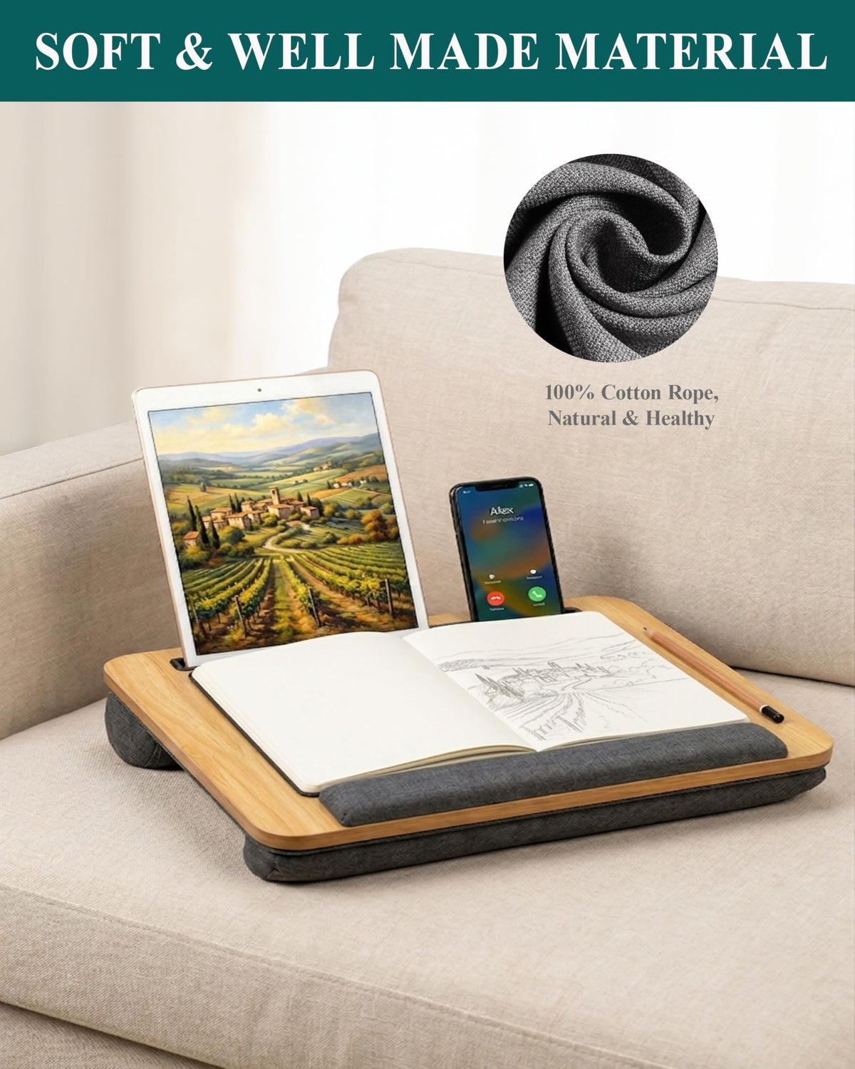 Laptopunterlage 40x34cm für Heim Bett Sofa mit Handgelenkauflage, Laptop Kissen für max 15.6” Notebook, mit mini-klappbarem Gerätehalterr (Hellbraun)