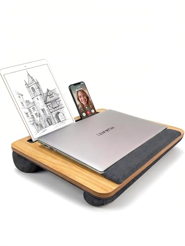 Laptopunterlage 40x34cm für Heim Bett Sofa mit Handgelenkauflage, Laptop Kissen für max 15.6” Notebook, mit mini-klappbarem Gerätehalterr (Hellbraun)