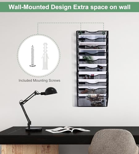 TQVAI 10 Fächer Dokumenten Organizer Metall Zeitschriftenhalter Wand A4 Papier Flyerhalter Postsortierer Dokumentenablage für Büro Zuhause Schule, Schwarz