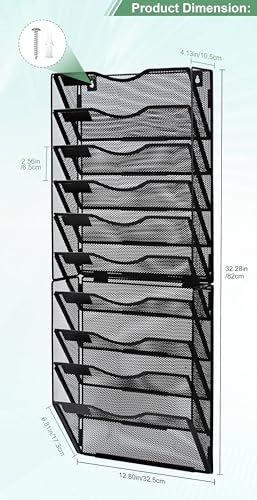 TQVAI 10 Fächer Dokumenten Organizer Metall Zeitschriftenhalter Wand A4 Papier Flyerhalter Postsortierer Dokumentenablage für Büro Zuhause Schule, Schwarz