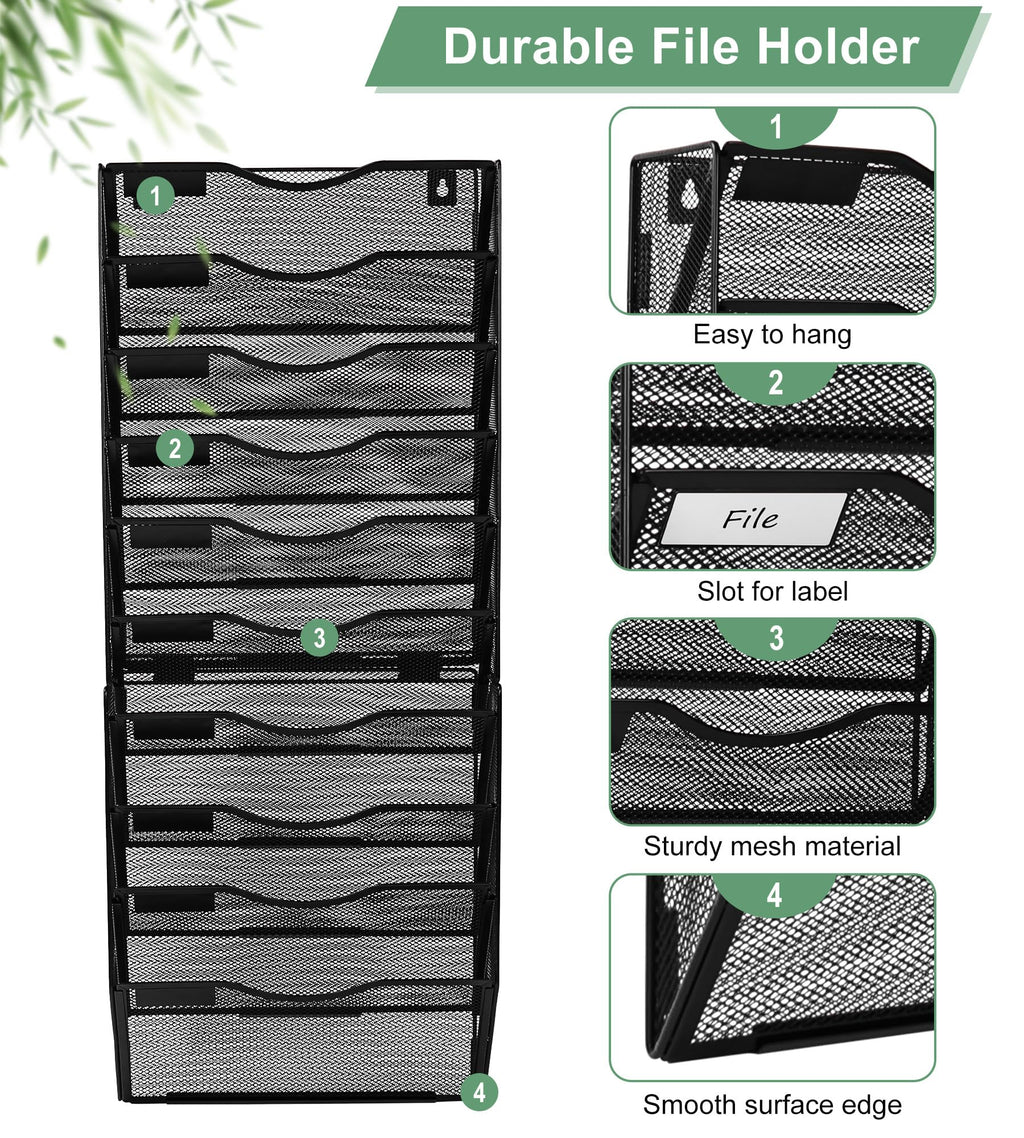 TQVAI 10 Fächer Dokumenten Organizer Metall Zeitschriftenhalter Wand A4 Papier Flyerhalter Postsortierer Dokumentenablage für Büro Zuhause Schule, Schwarz