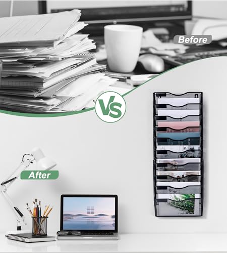 TQVAI 10 Fächer Dokumenten Organizer Metall Zeitschriftenhalter Wand A4 Papier Flyerhalter Postsortierer Dokumentenablage für Büro Zuhause Schule, Schwarz