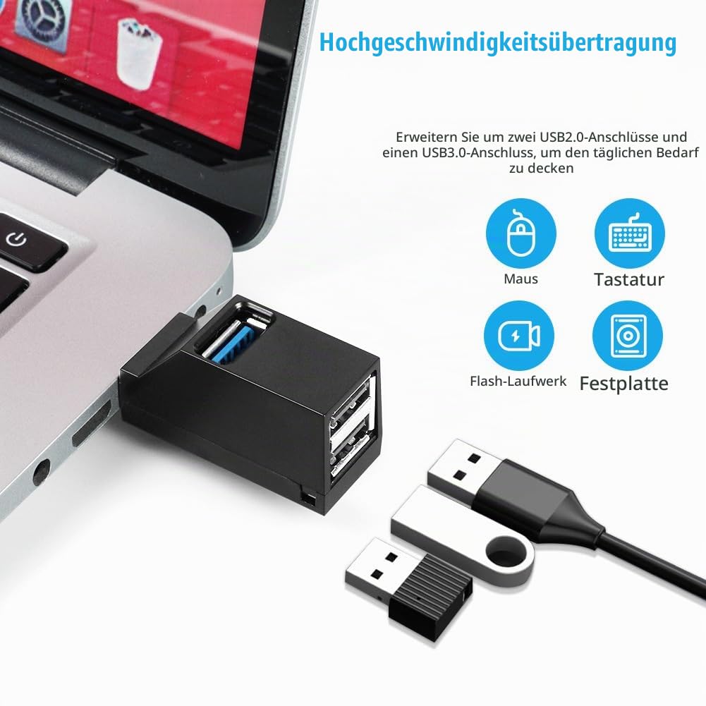 AXFEE 3 Port USB 3.0 Hub, Mini USB-Hub mit 1 USB 3.0+2 USB 2.0 (Schwarz)