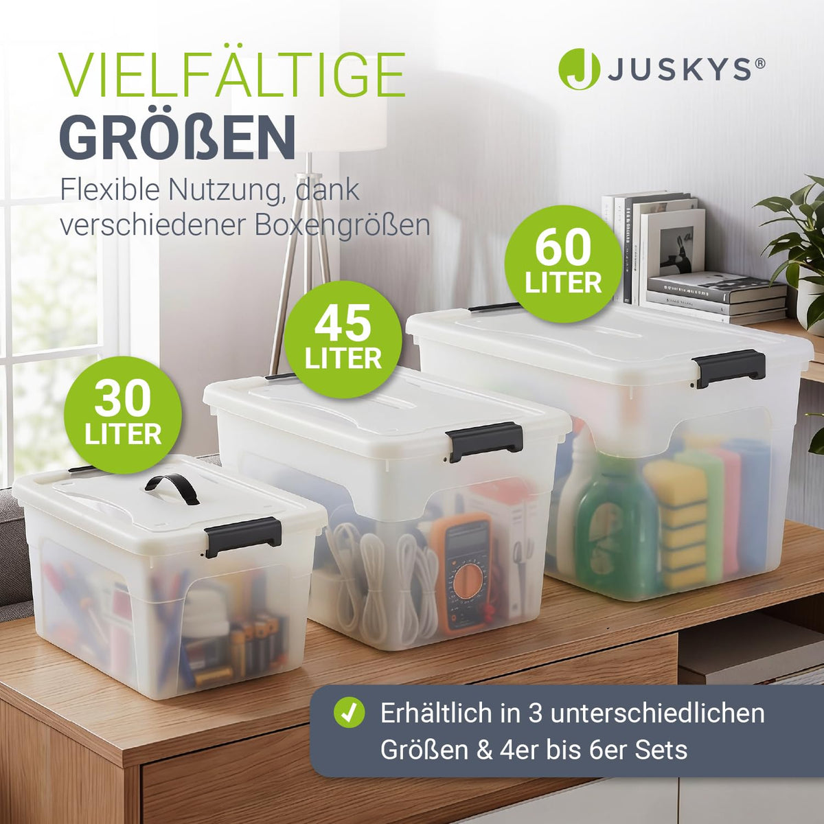 Juskys Aufbewahrungsbox mit Deckel 4er Set 45 L, transparent, groß