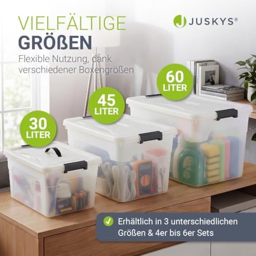 Juskys Aufbewahrungsbox mit Deckel 4er Set 45 L, transparent, groß