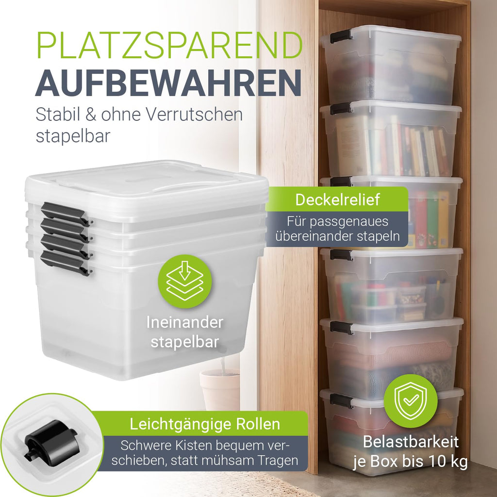 Juskys Aufbewahrungsbox mit Deckel 4er Set 45 L, transparent, groß