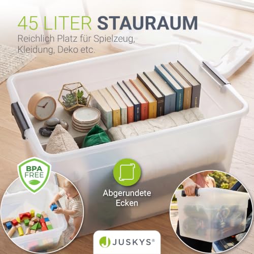 Juskys Aufbewahrungsbox mit Deckel 4er Set 45 L, transparent, groß