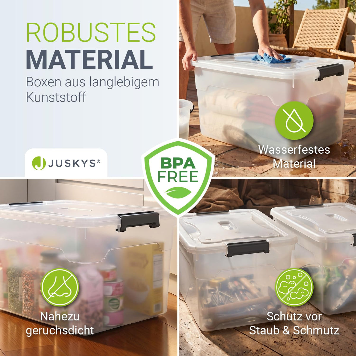 Juskys Aufbewahrungsbox mit Deckel 4er Set 45 L, transparent, groß