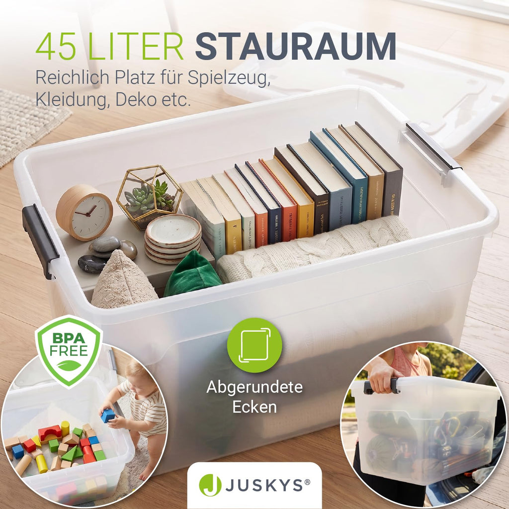 Juskys Aufbewahrungsbox mit Deckel 4er Set 45 L, transparent, groß