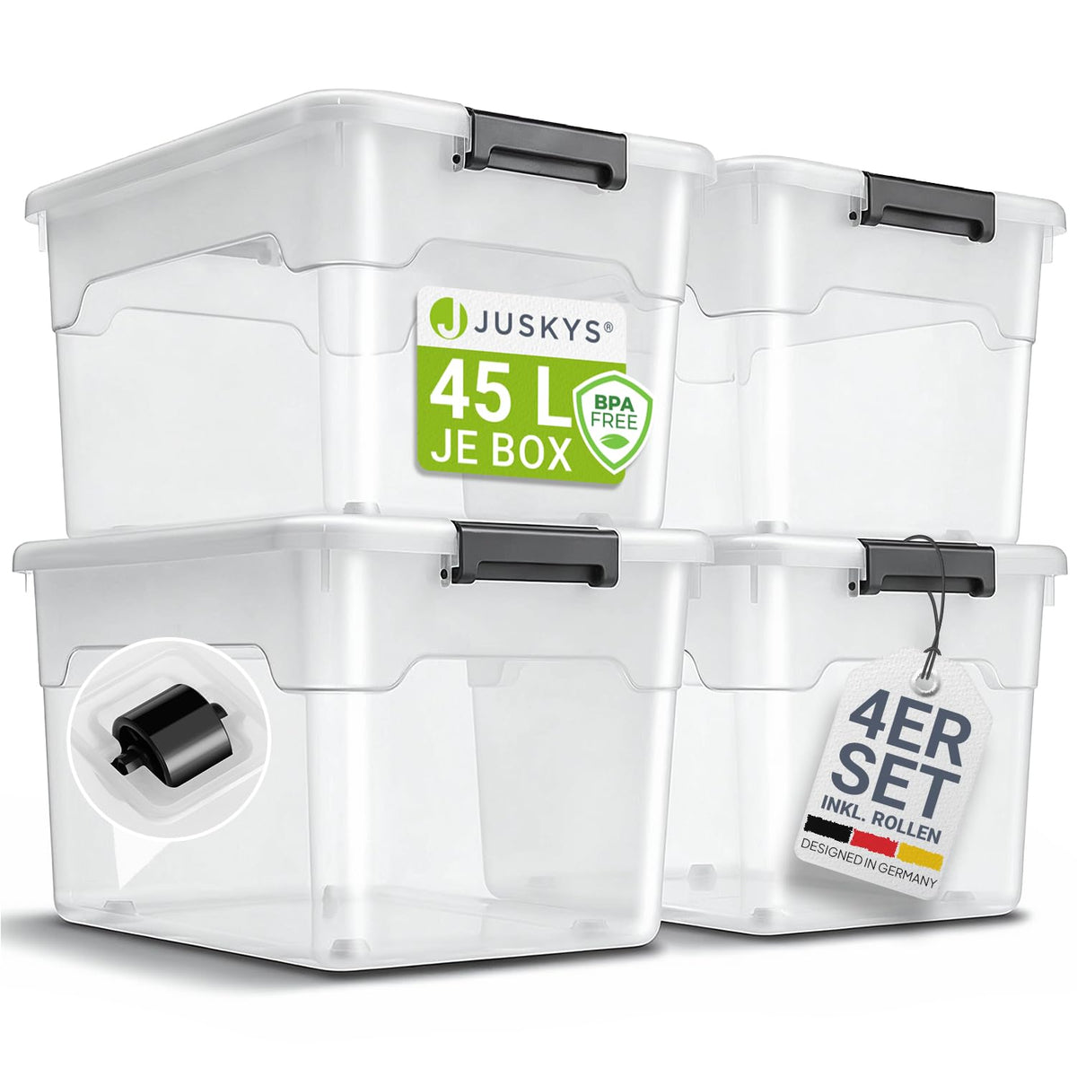 Juskys Aufbewahrungsbox mit Deckel 4er Set 45 L, transparent, groß