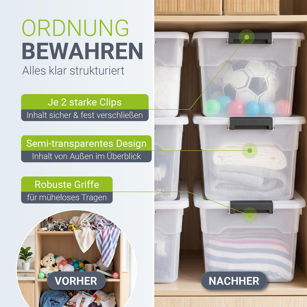 Juskys Aufbewahrungsbox mit Deckel 4er Set 45 L, transparent, groß