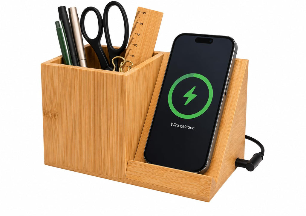 Schreibtisch Organizer aus Holz mit Ladefunktion & Stiftehalter