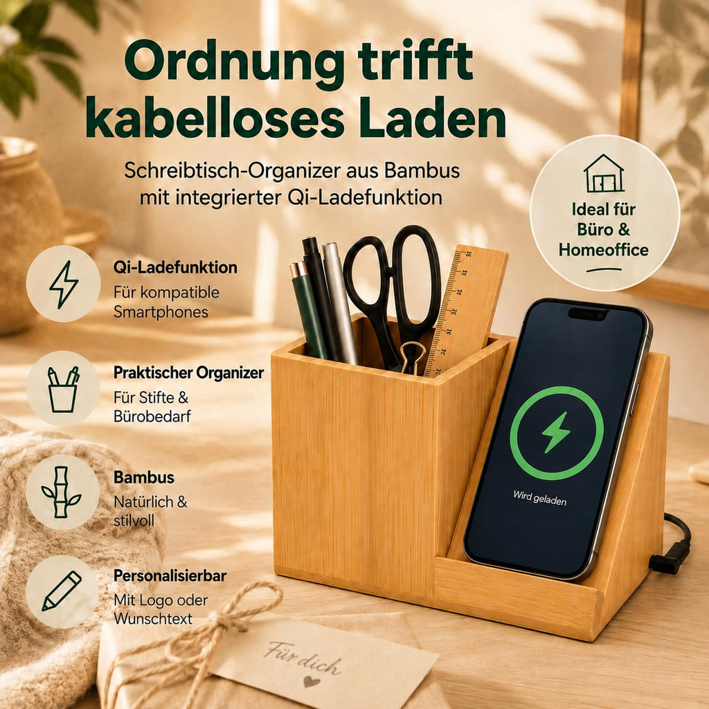 Schreibtisch Organizer aus Holz mit Ladefunktion & Stiftehalter