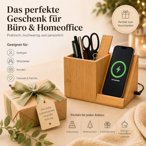 Schreibtisch Organizer aus Holz mit Ladefunktion & Stiftehalter