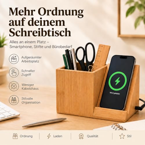 Schreibtisch Organizer aus Holz mit Ladefunktion & Stiftehalter