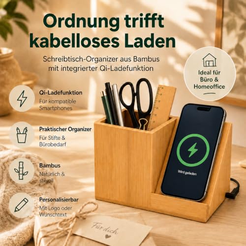 Schreibtisch Organizer aus Holz mit Ladefunktion & Stiftehalter
