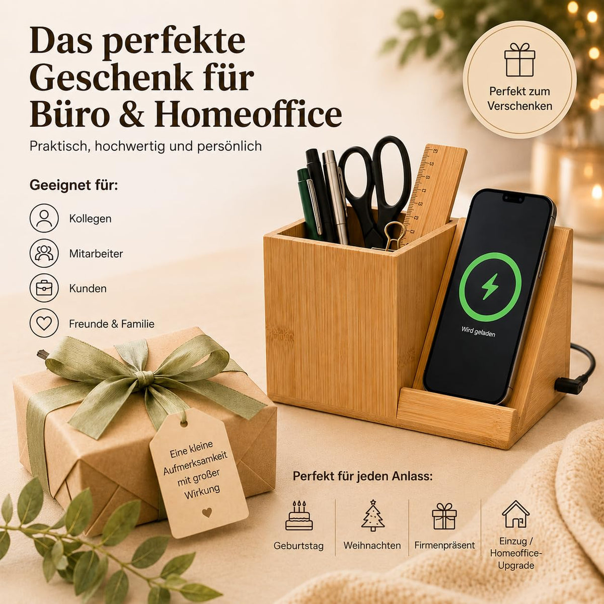 Schreibtisch Organizer aus Holz mit Ladefunktion & Stiftehalter