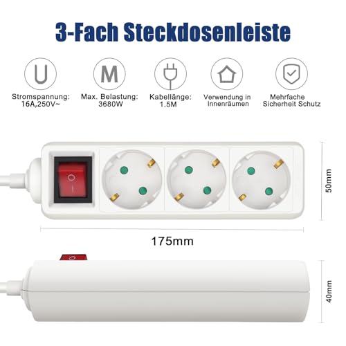 EXTRASTAR 3 Fach Flachstecker Steckdosenleiste mit Schalter, 1.5m Kabel