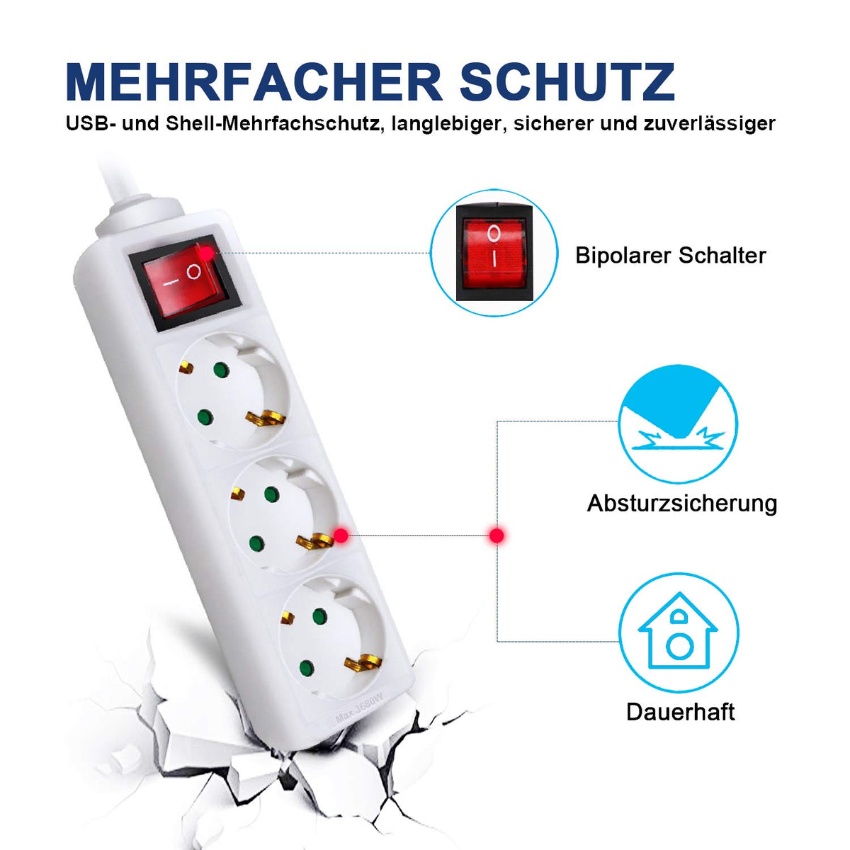 EXTRASTAR 3 Fach Flachstecker Steckdosenleiste mit Schalter, 1.5m Kabel