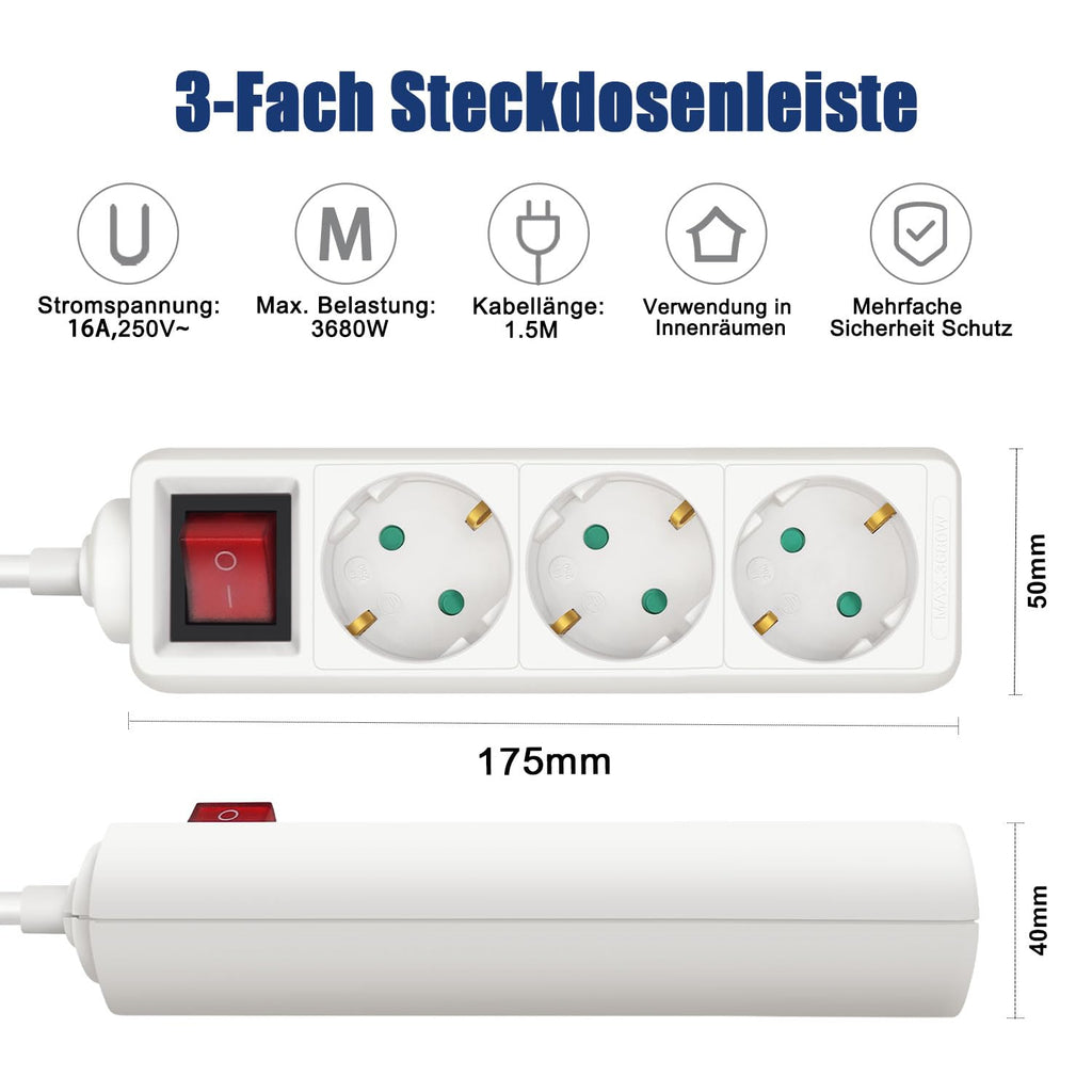 EXTRASTAR 3 Fach Flachstecker Steckdosenleiste mit Schalter, 1.5m Kabel